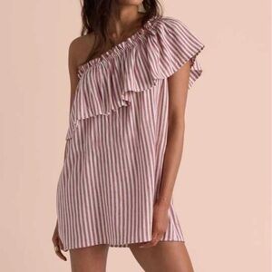 Billabong Striped Ruffle One Shoulder Dress Coastal Boho Summer Mini Pockets S